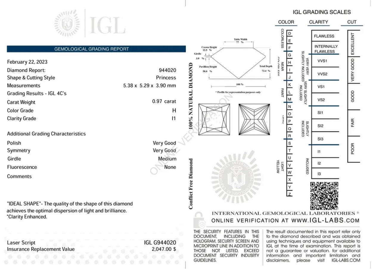 Loose Natural 0.97 Carat Princess Cut Diamond Color Grade H